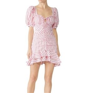 Jonathan Simkhai 4 Puff Sleeve Ruffle Mini Dress White Red Striped Cotton Linen